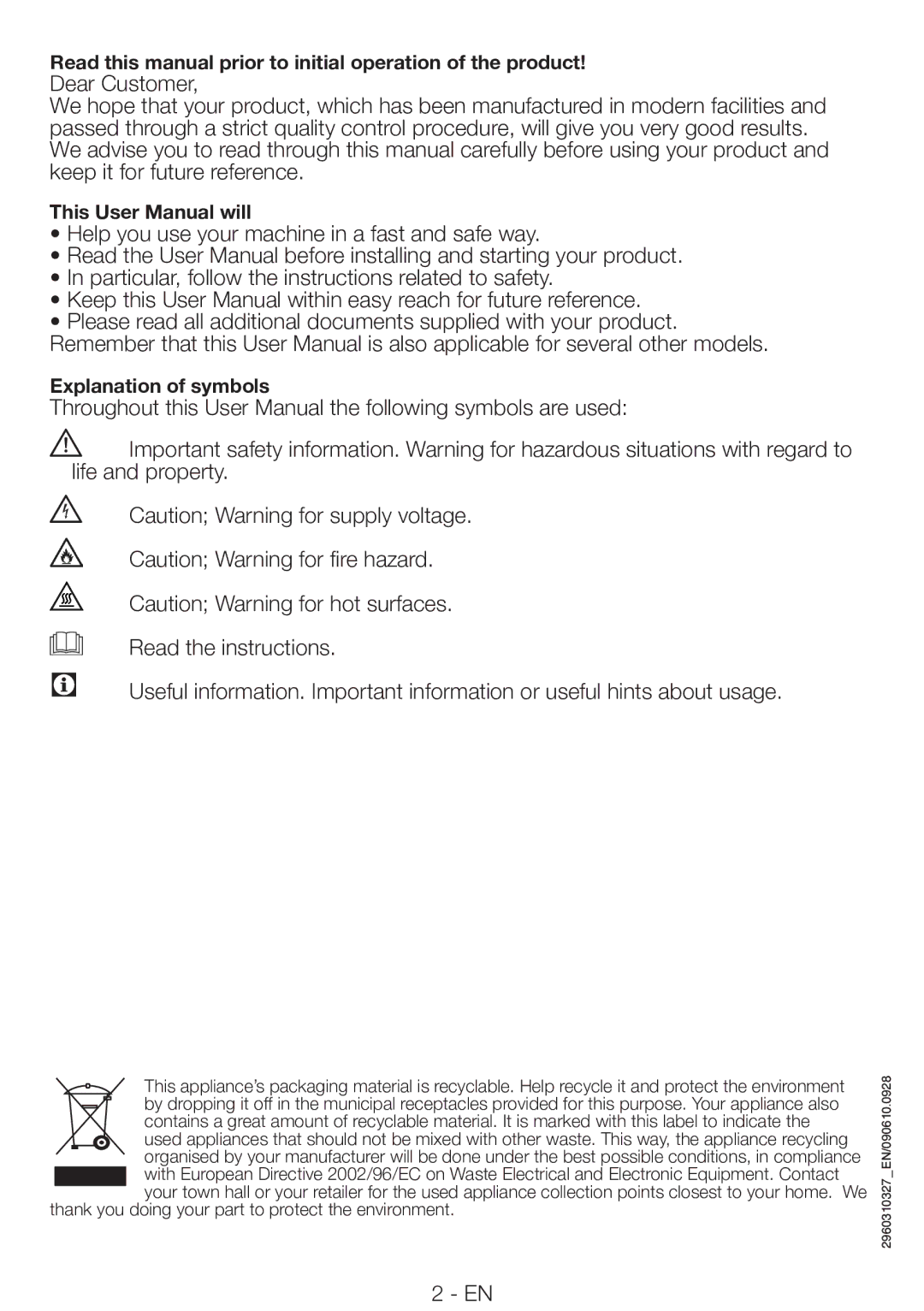 Smeg AS73CES Read this manual prior to initial operation of the product 