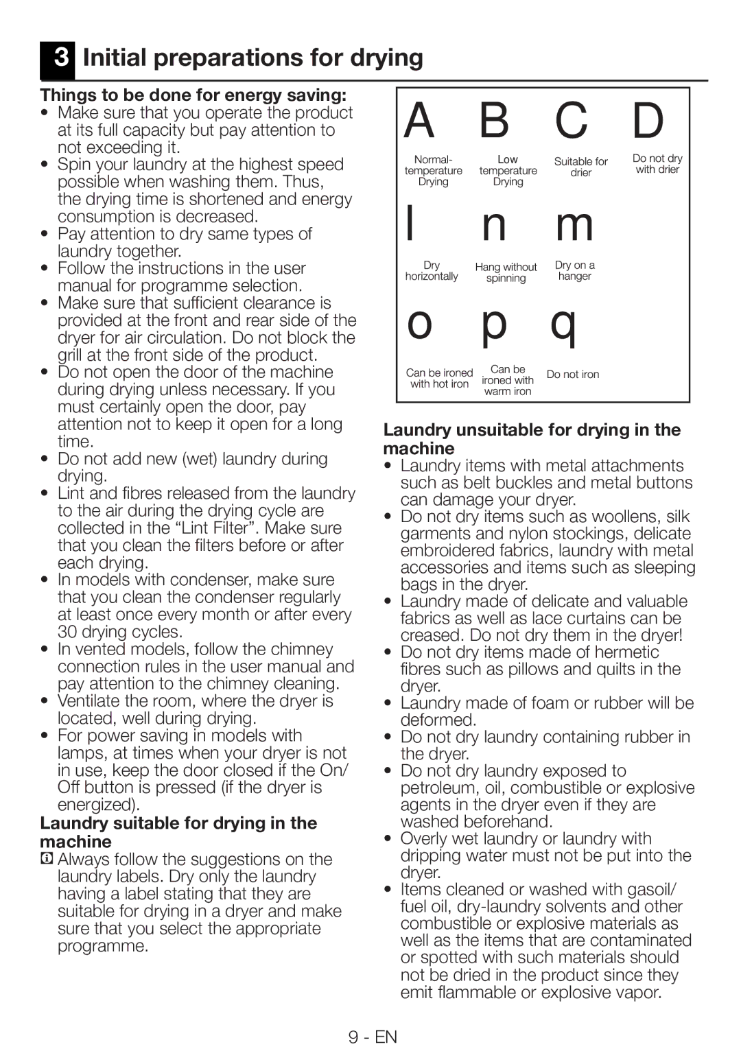 Smeg AS73CES Initial preparations for drying, Things to be done for energy saving, Laundry unsuitable for drying, Machine 