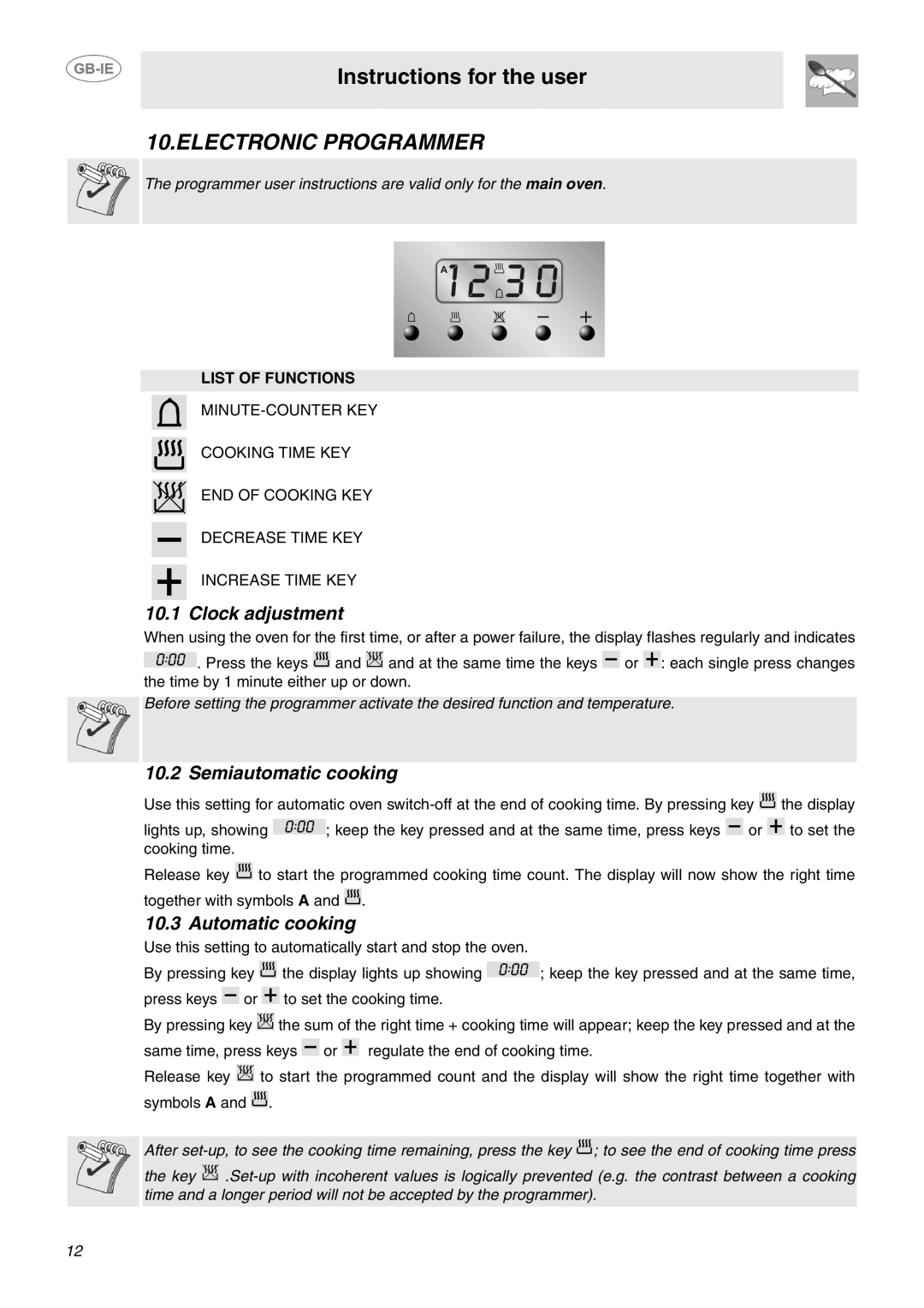 Smeg B102MFX5 manual Electronic Programmer, Clock adjustment, Semiautomatic cooking, Automatic cooking, List of Functions 