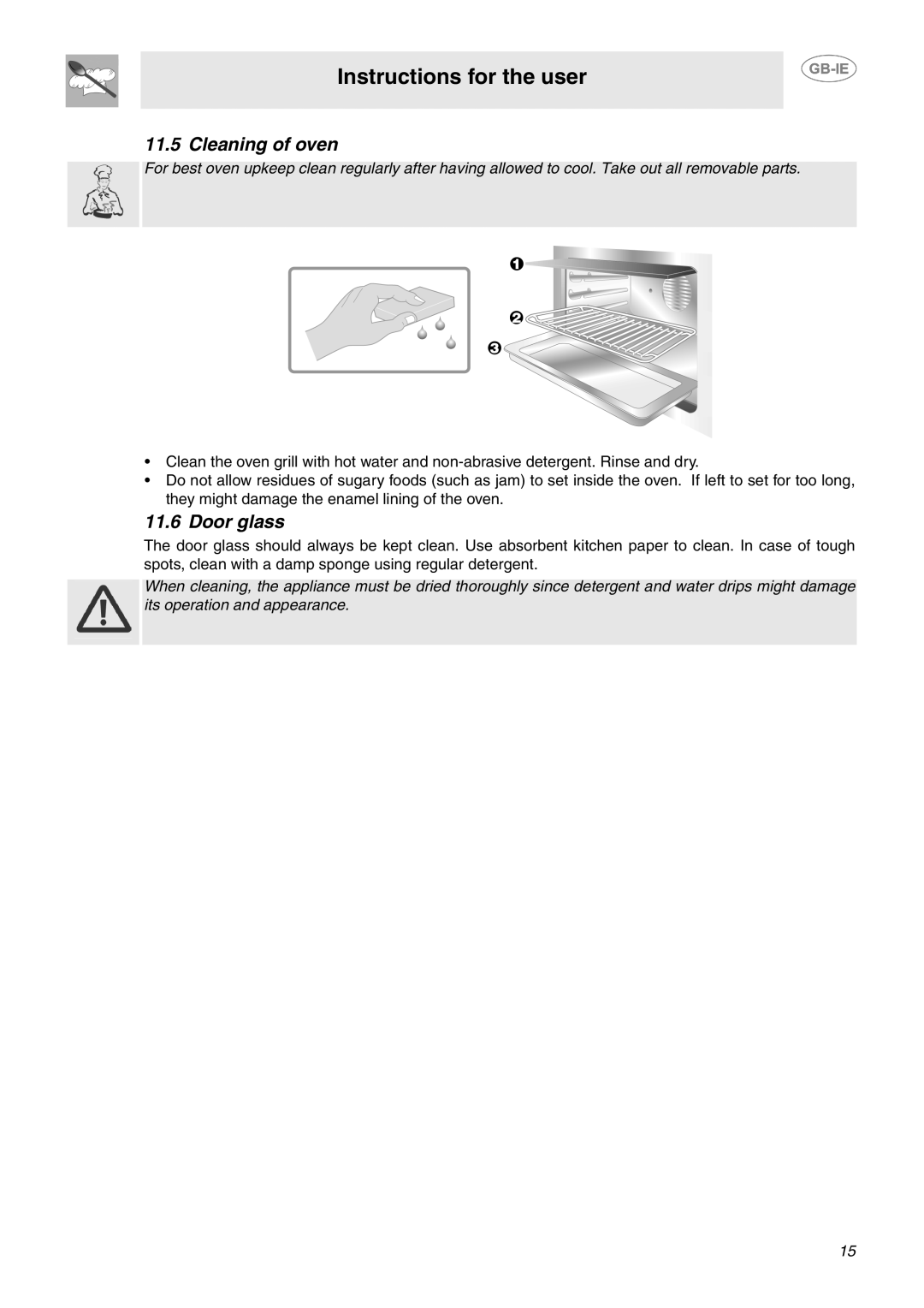 Smeg B102MFX5 manual Cleaning of oven, Door glass 