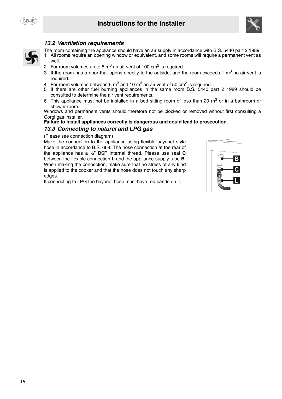 Smeg B102MFX5 manual Ventilation requirements, Connecting to natural and LPG gas 