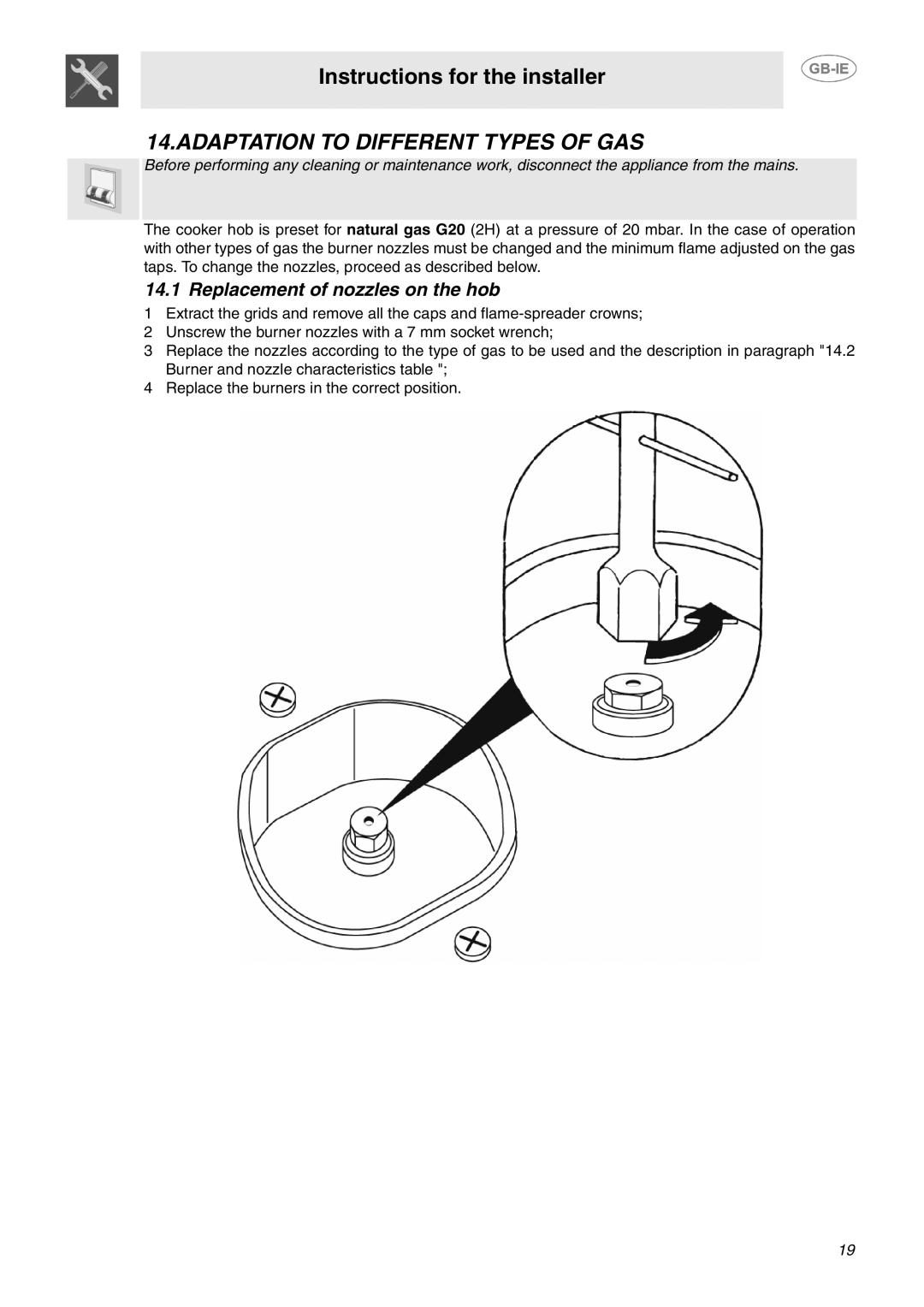 Smeg B102MFX5 manual Adaptation to Different Types of GAS, Replacement of nozzles on the hob 