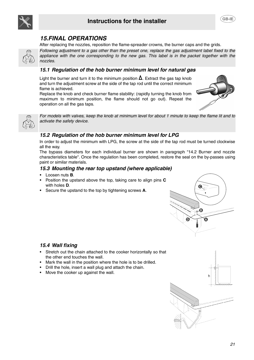 Smeg B102MFX5 manual Final Operations, Regulation of the hob burner minimum level for natural gas, Wall fixing 