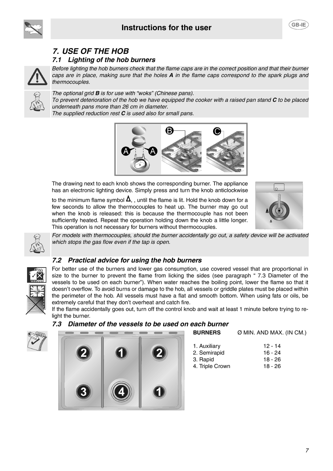 Smeg B102MFX5 manual USE of the HOB, Lighting of the hob burners, Practical advice for using the hob burners, Burners 