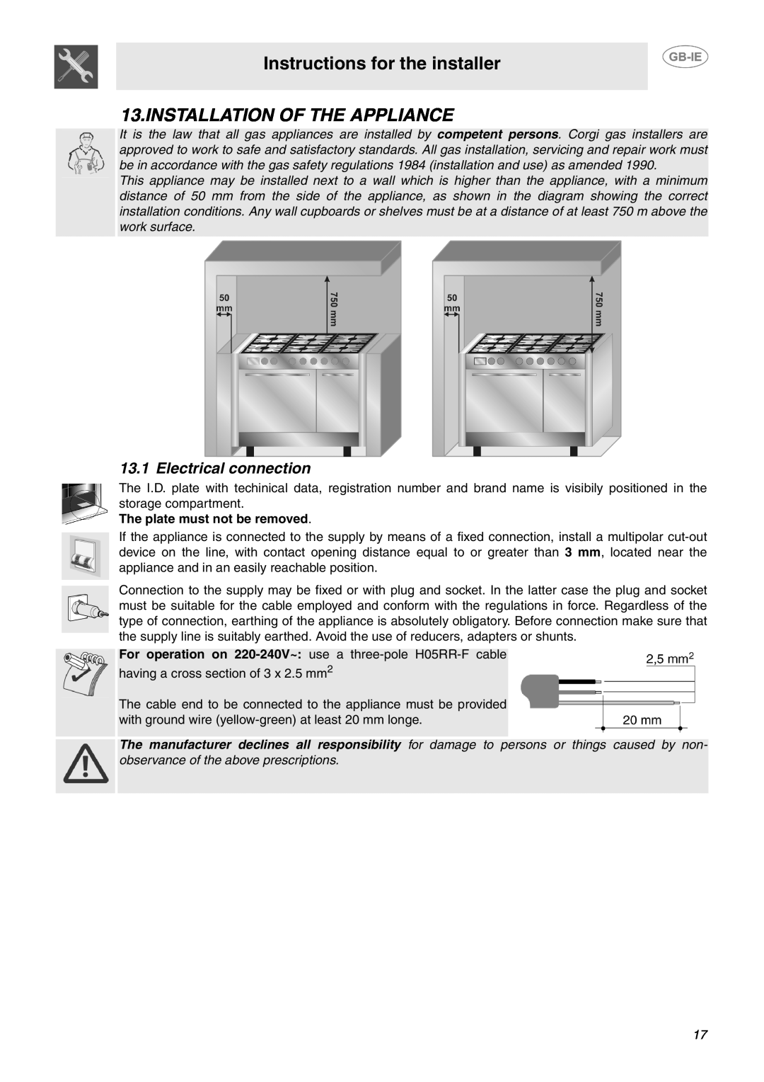 Smeg B102MFX5 manual Instructions for the installer, Installation Of The Appliance, Electrical connection 
