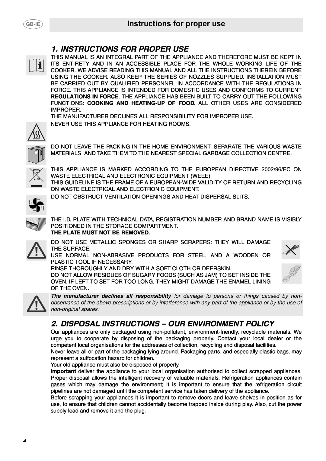 Smeg B102MFX5 Instructions for proper use, Instructions For Proper Use, Disposal Instructions - Our Environment Policy 