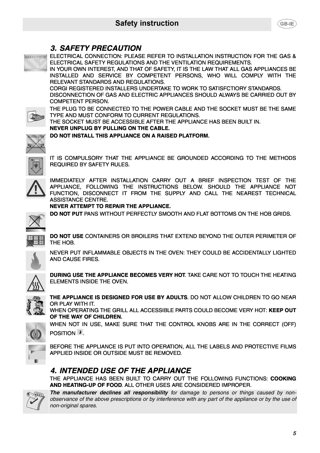 Smeg B102MFX5 manual Safety instruction, Safety Precaution, Intended Use Of The Appliance 