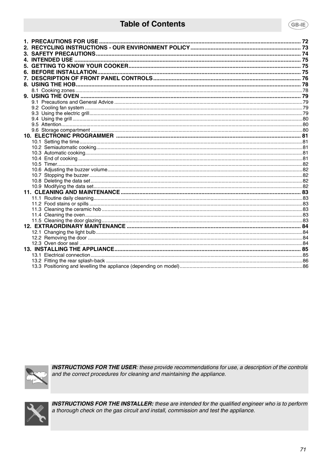 Smeg B70CMSX5 manual Table of Contents 