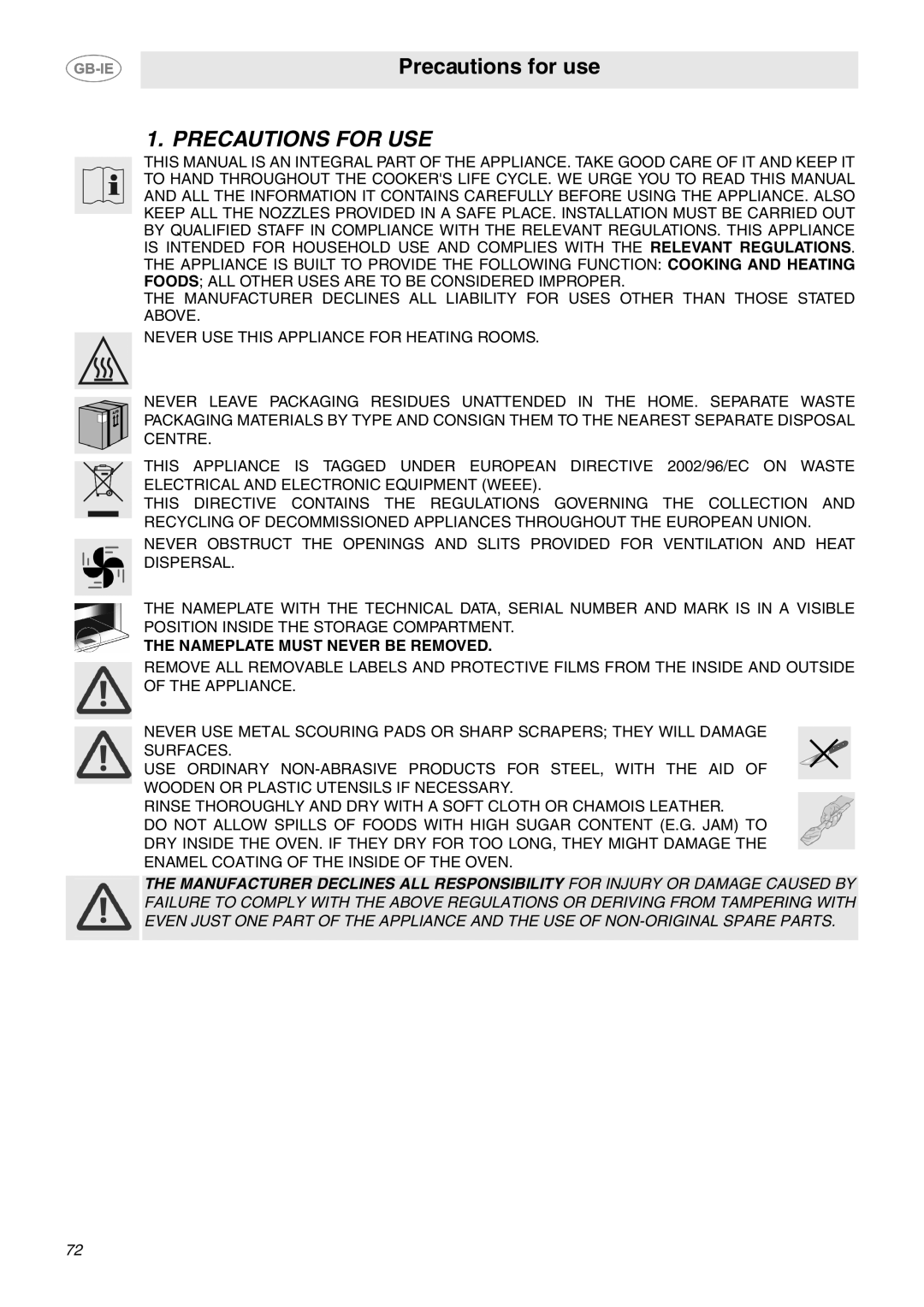 Smeg B70CMSX5 manual Precautions for USE, Nameplate Must Never be Removed 