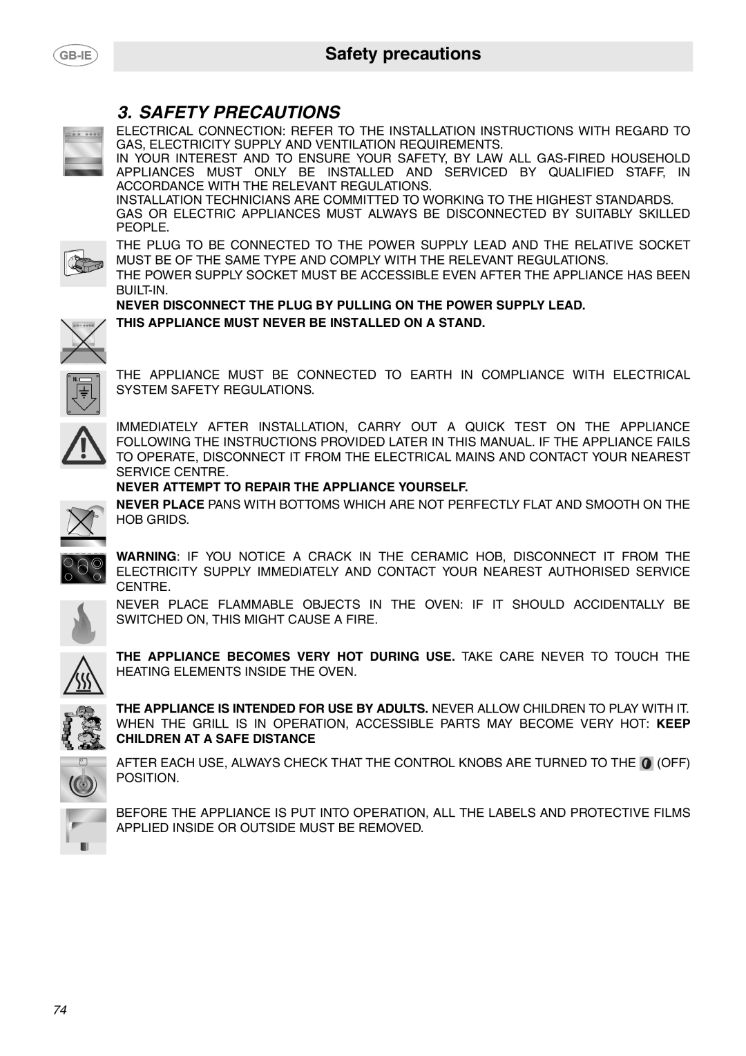 Smeg B70CMSX5 manual Safety Precautions, Never Attempt to Repair the Appliance Yourself 