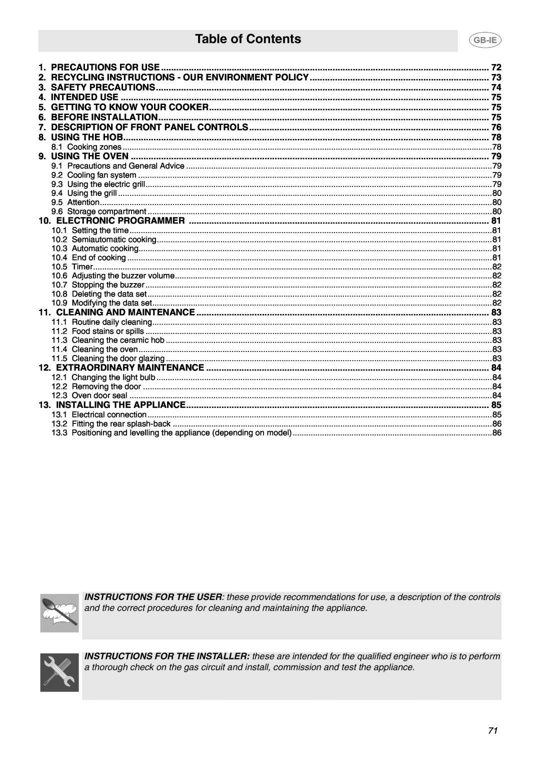 Smeg B70CMSX5 manual Table of Contents 