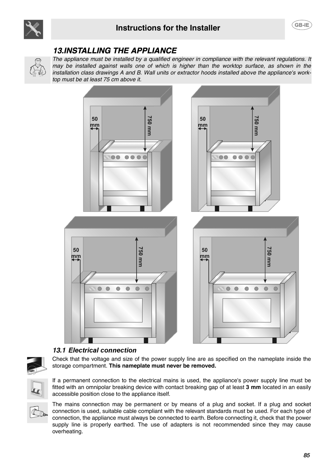 Smeg B70CMSX5 manual Instructions for the Installer, Installing The Appliance, Electrical connection 