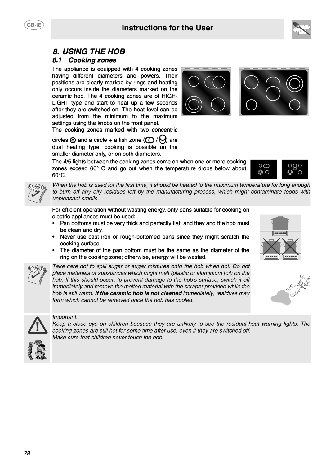 Smeg B70CMSX5 manual Using The Hob, Cooking zones, Instructions for the User 