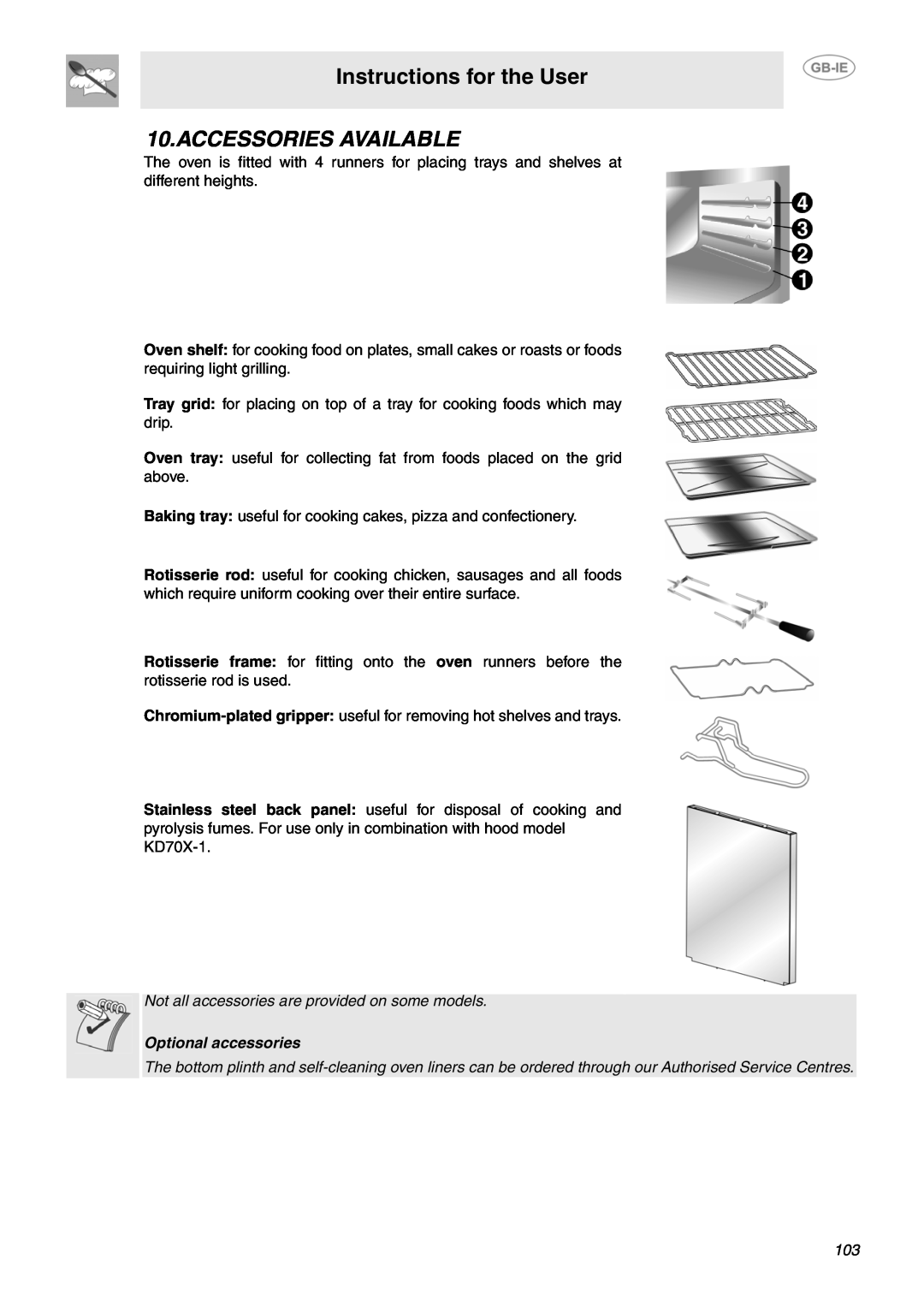 Smeg B71MPX5 manual Accessories Available, Not all accessories are provided on some models, Optional accessories 