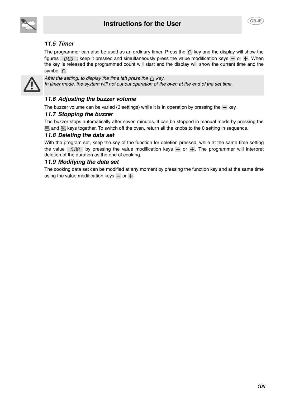 Smeg B71MPX5 manual Timer, Adjusting the buzzer volume, Stopping the buzzer, Deleting the data set, Modifying the data set 