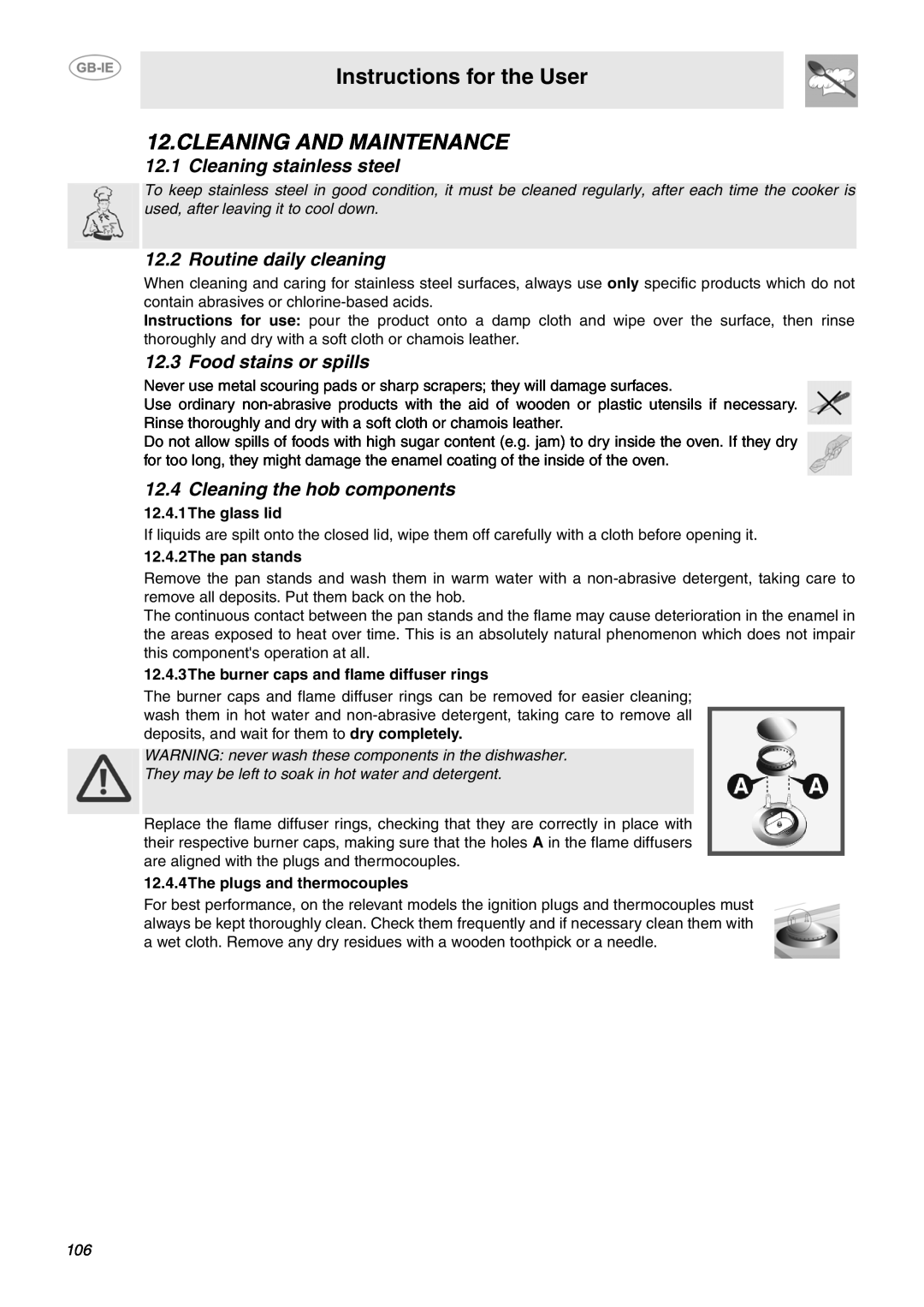 Smeg B71MPX5 manual Cleaning And Maintenance, Cleaning stainless steel, Routine daily cleaning, Food stains or spills 