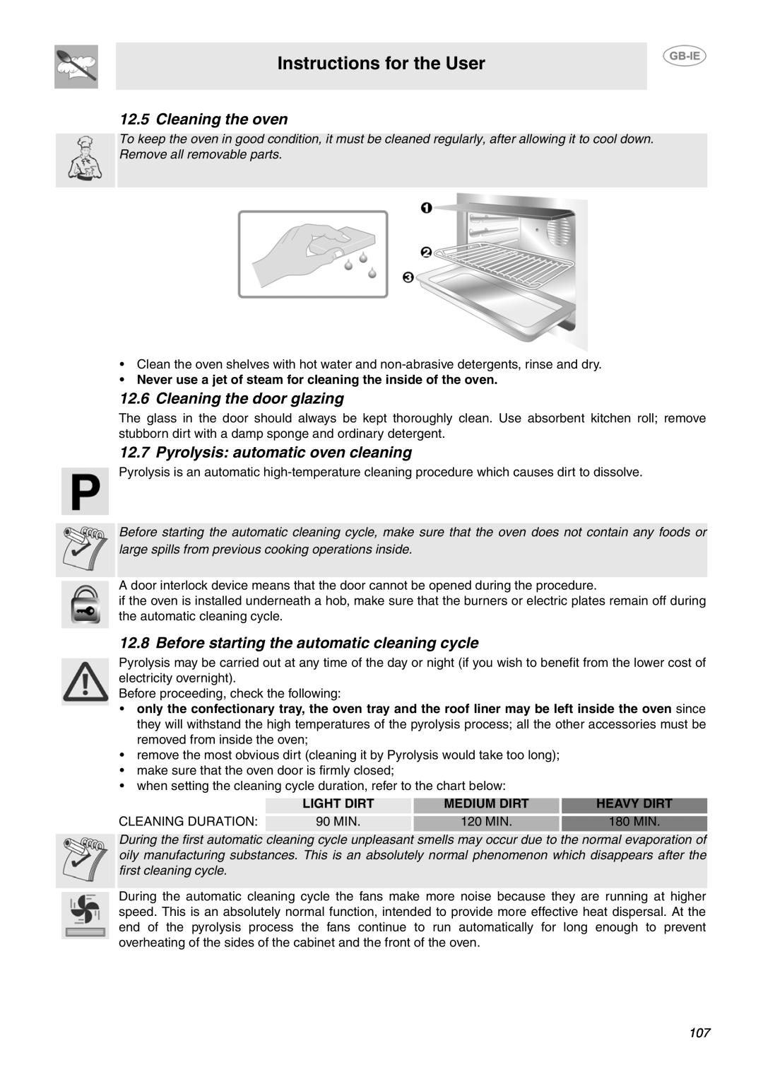 Smeg B71MPX5 Cleaning the oven, Cleaning the door glazing, Pyrolysis automatic oven cleaning, Instructions for the User 