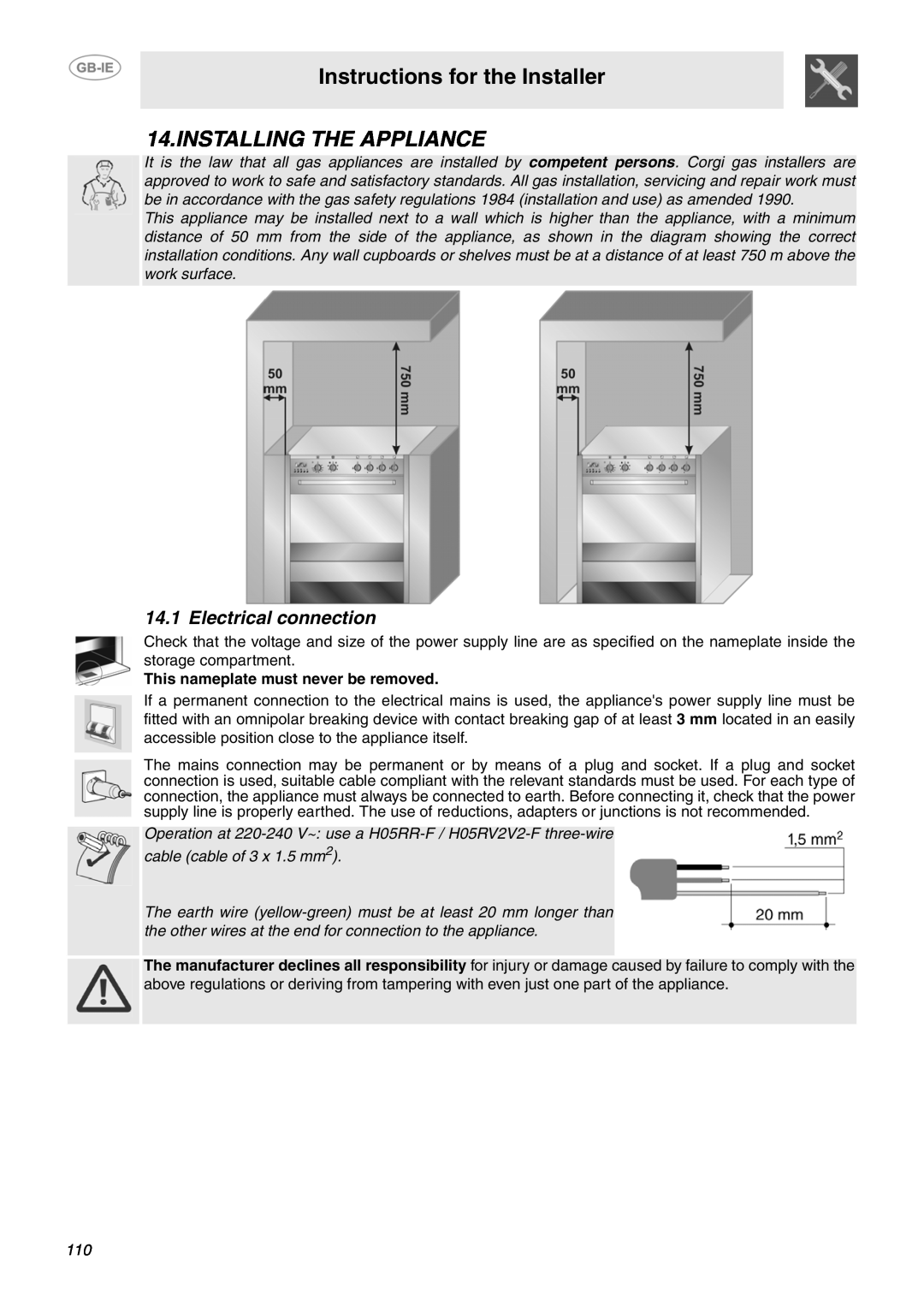 Smeg B71MPX5 manual Instructions for the Installer, Installing The Appliance, Electrical connection 