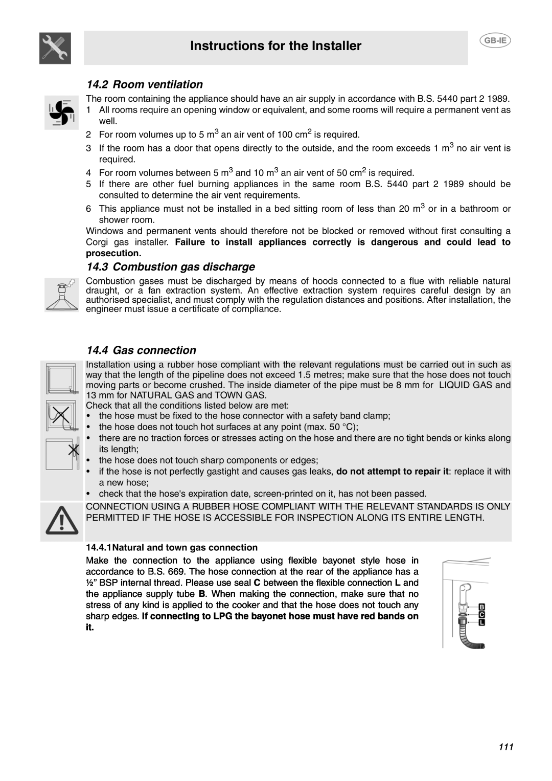 Smeg B71MPX5 manual Room ventilation, Combustion gas discharge, Gas connection, Instructions for the Installer 