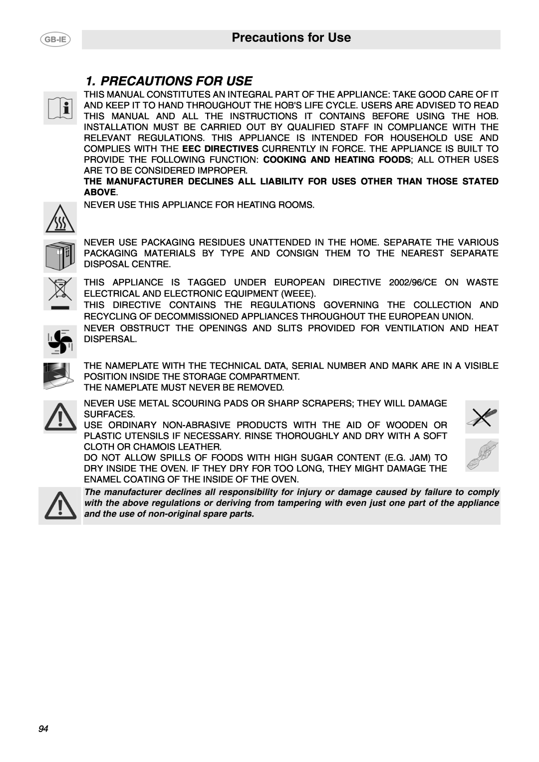 Smeg B71MPX5 manual Precautions for Use, Precautions For Use 
