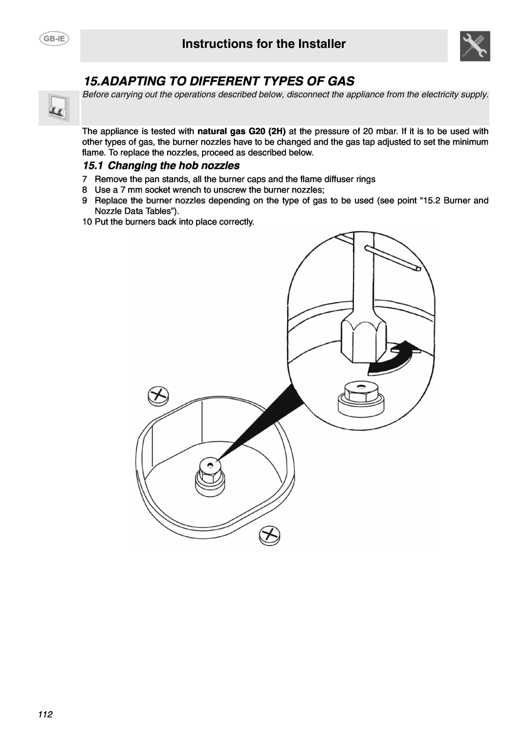 Smeg B71MPX5 manual Adapting To Different Types Of Gas, Changing the hob nozzles, Instructions for the Installer 