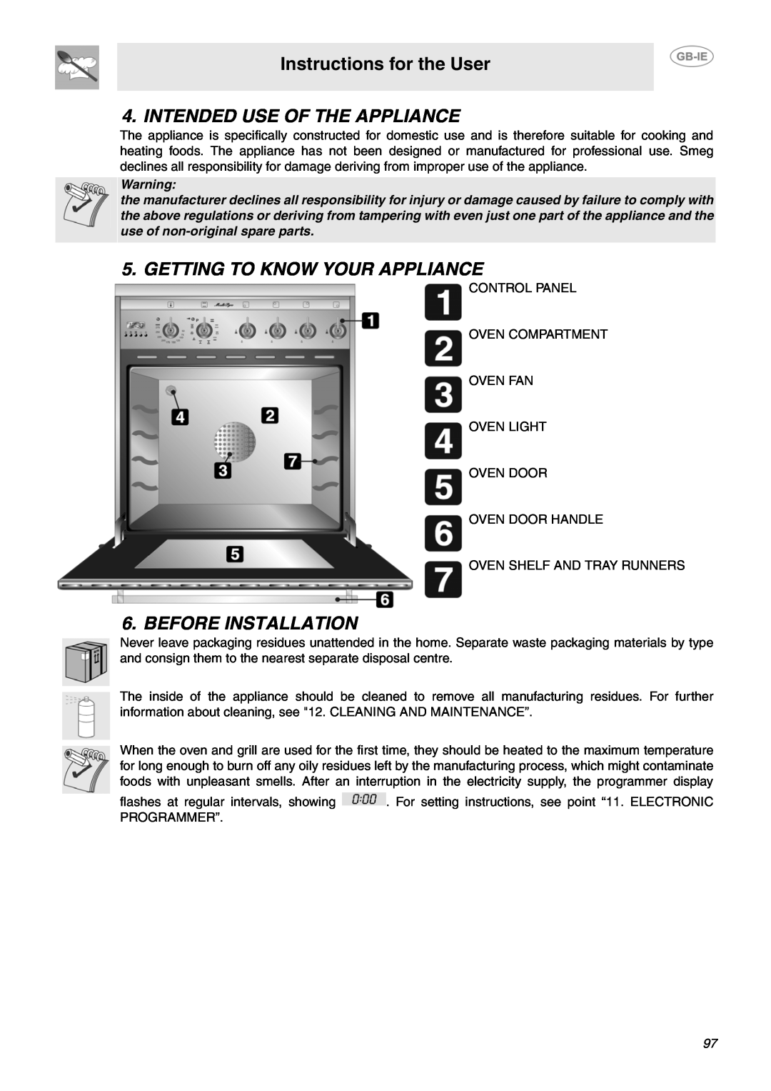Smeg B71MPX5 Instructions for the User, Intended Use Of The Appliance, Getting To Know Your Appliance, Before Installation 