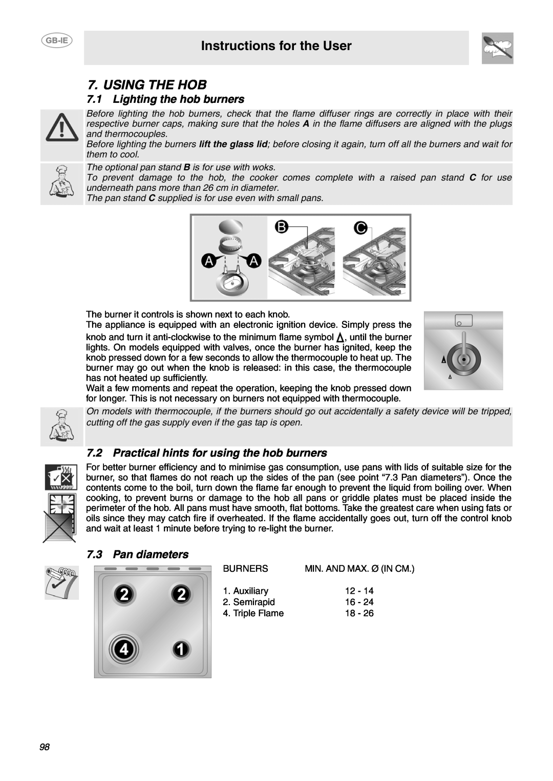 Smeg B71MPX5 manual Using The Hob, Lighting the hob burners, Practical hints for using the hob burners, Pan diameters 