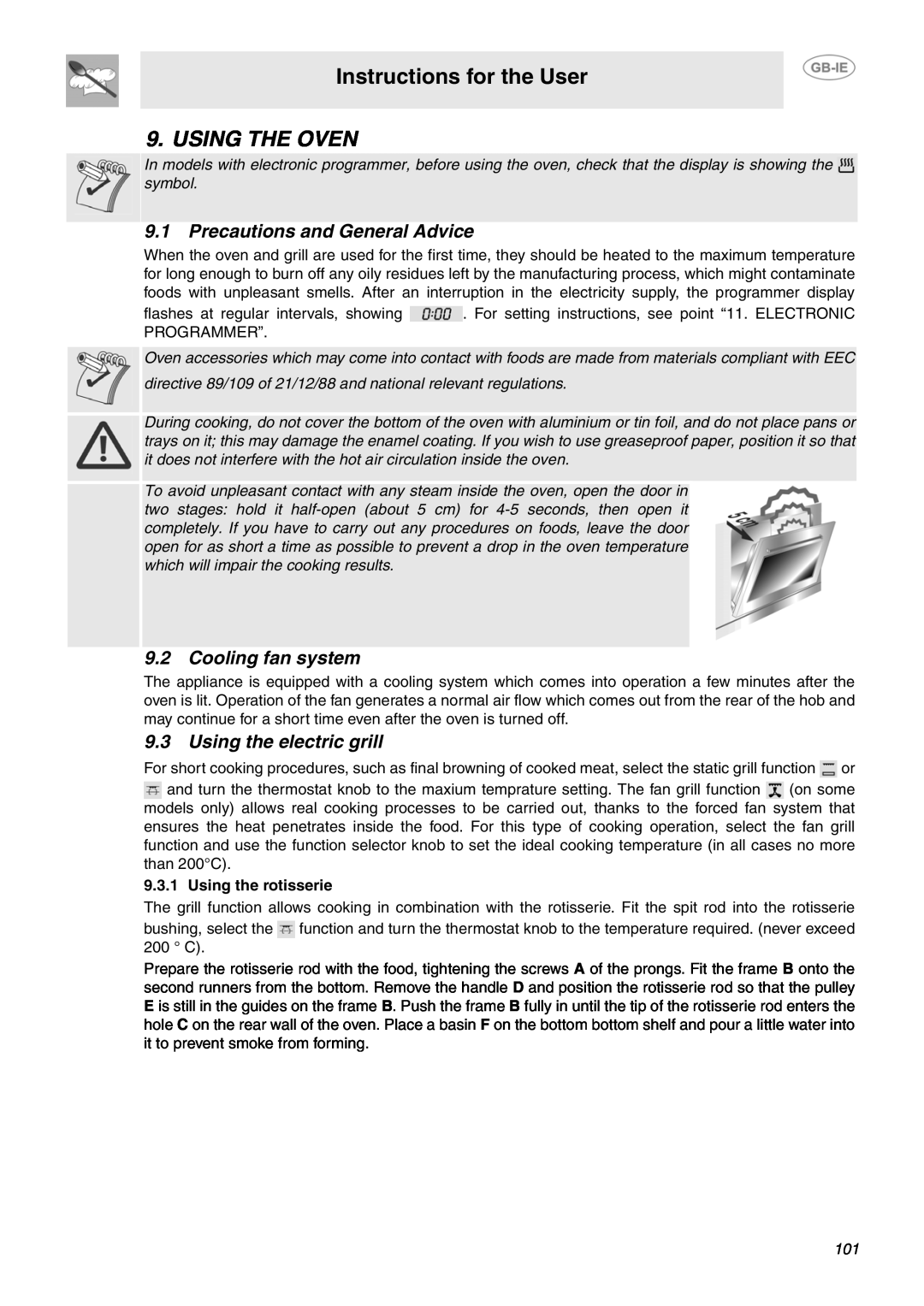 Smeg B71MPX5 manual Using The Oven, Precautions and General Advice, Cooling fan system, Using the electric grill 