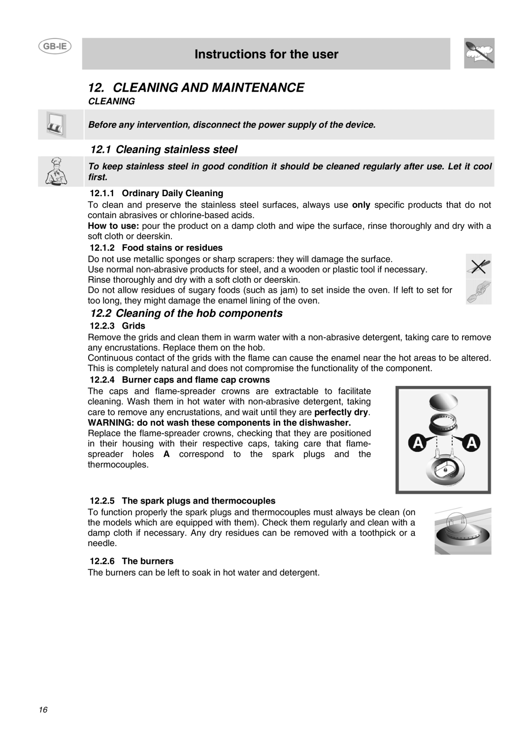 Smeg B72MFX5 manual Cleaning and Maintenance, Cleaning stainless steel, Cleaning of the hob components 