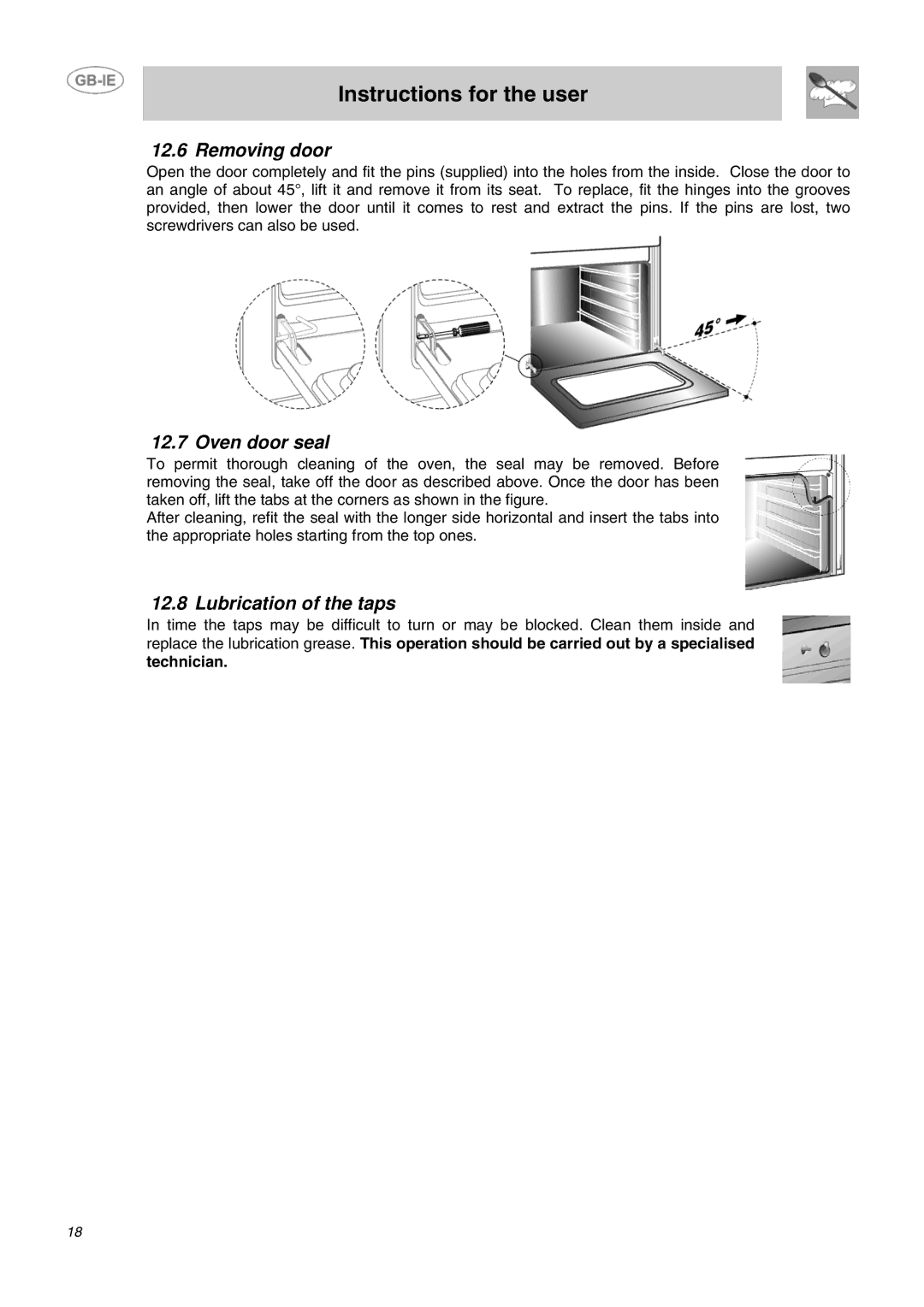 Smeg B72MFX5 manual Removing door, Oven door seal, Lubrication of the taps, Technician 