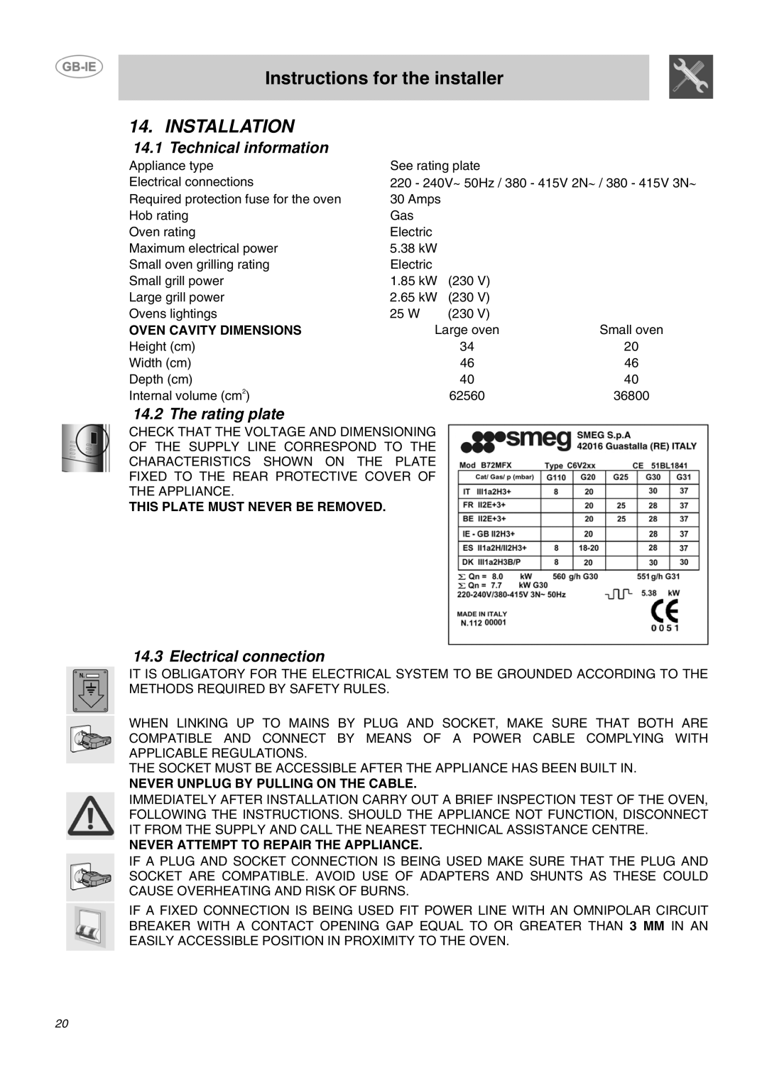 Smeg B72MFX5 manual Installation, Technical information, Rating plate, Electrical connection 