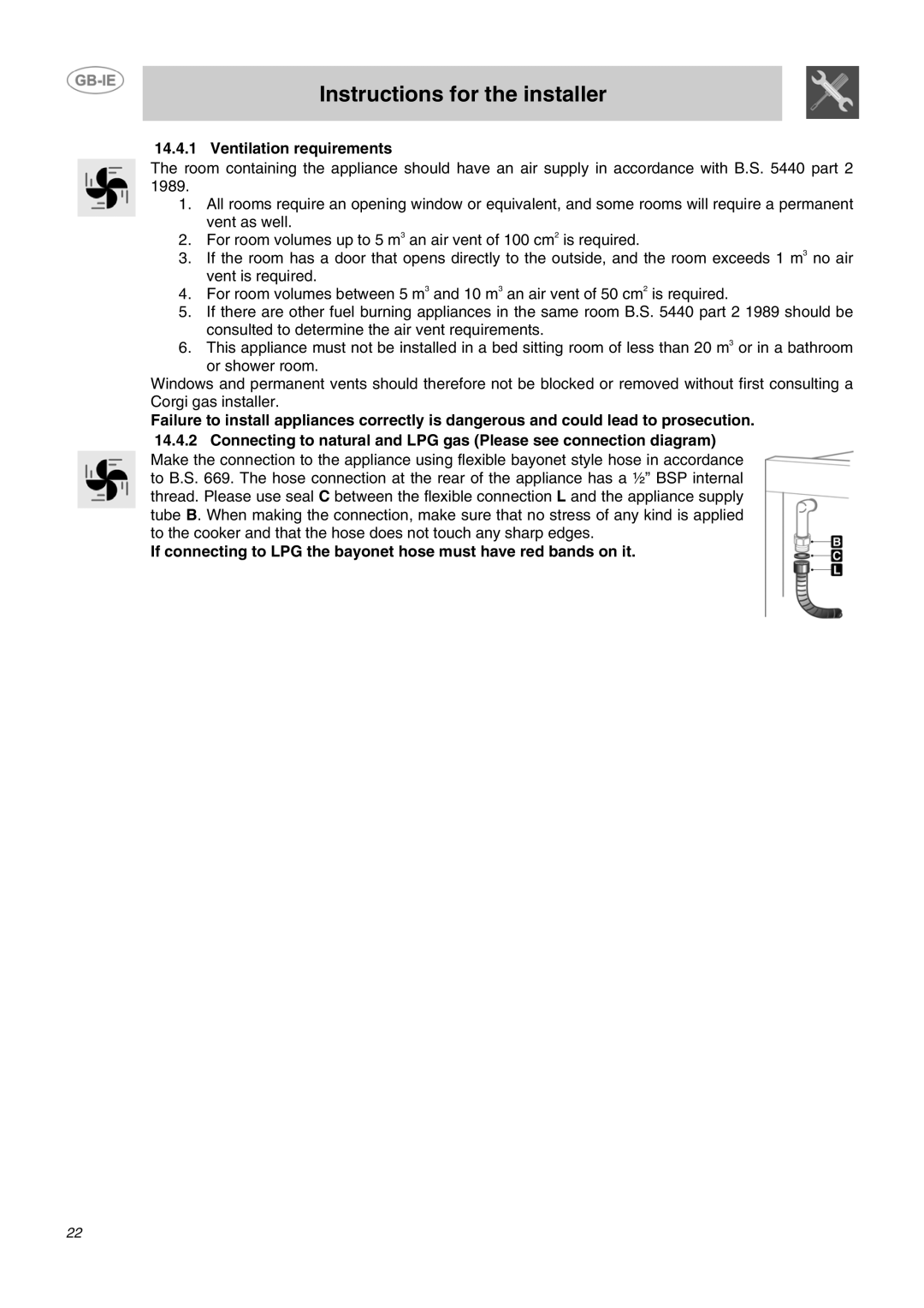 Smeg B72MFX5 manual Ventilation requirements 