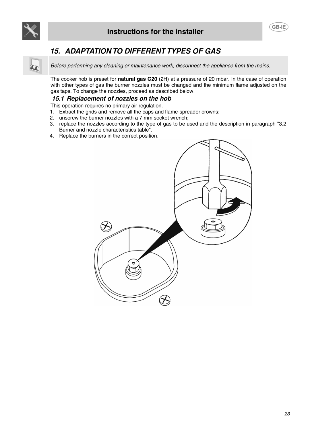 Smeg B72MFX5 manual Adaptation to Different Types of GAS, Replacement of nozzles on the hob 