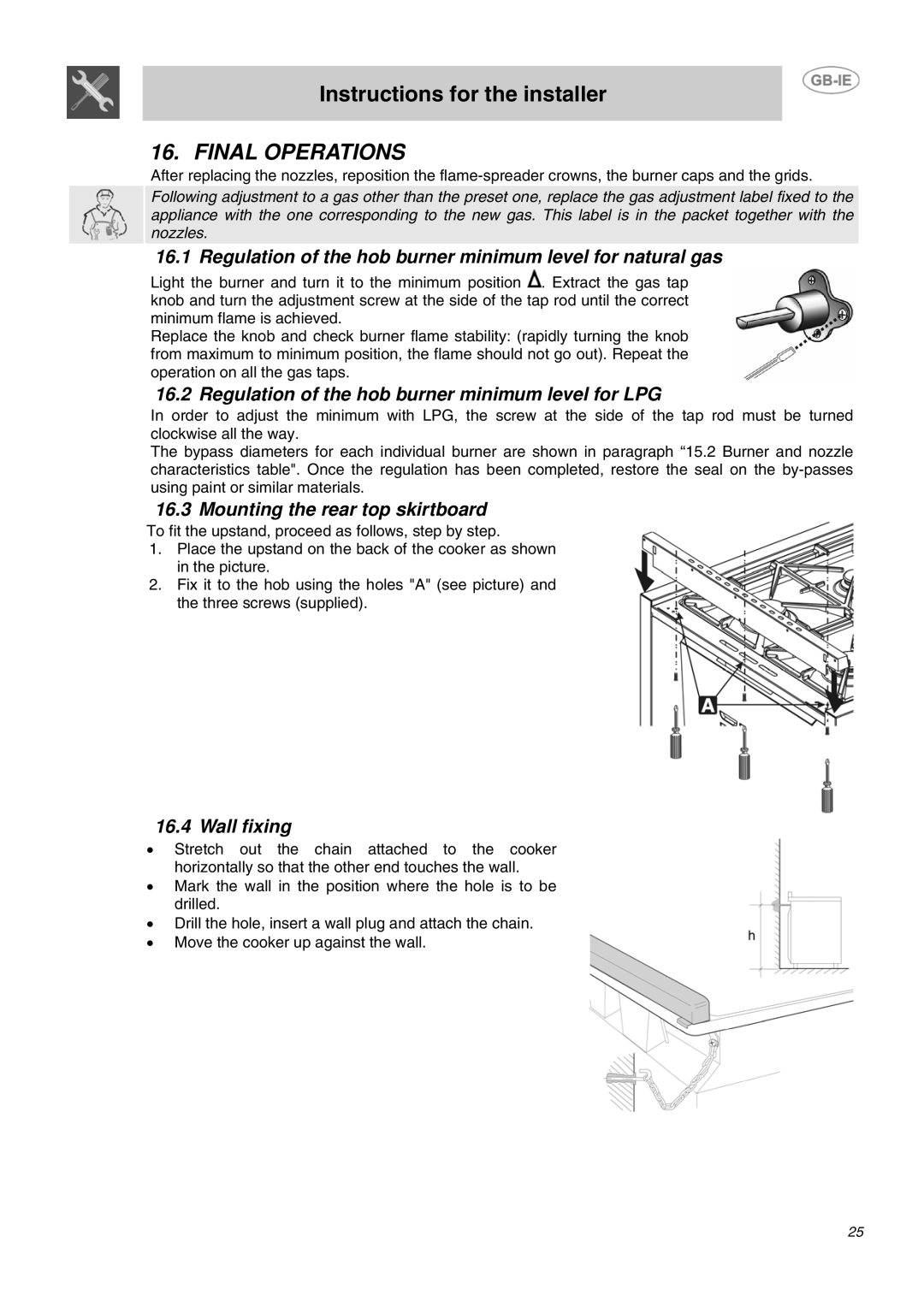 Smeg B72MFX5 manual Final Operations, Regulation of the hob burner minimum level for natural gas, Wall fixing 