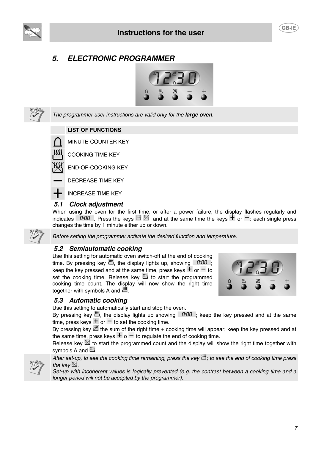 Smeg B72MFX5 manual Electronic Programmer, Clock adjustment, Semiautomatic cooking, Automatic cooking, List of Functions 