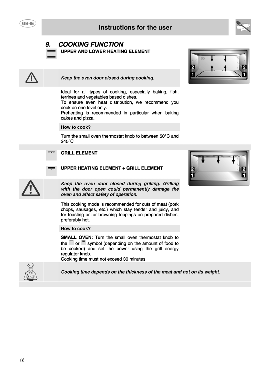 Smeg B72MFX5 Cooking Function, Instructions for the user, Upper And Lower Heating Element, How to cook?, Grill Element 