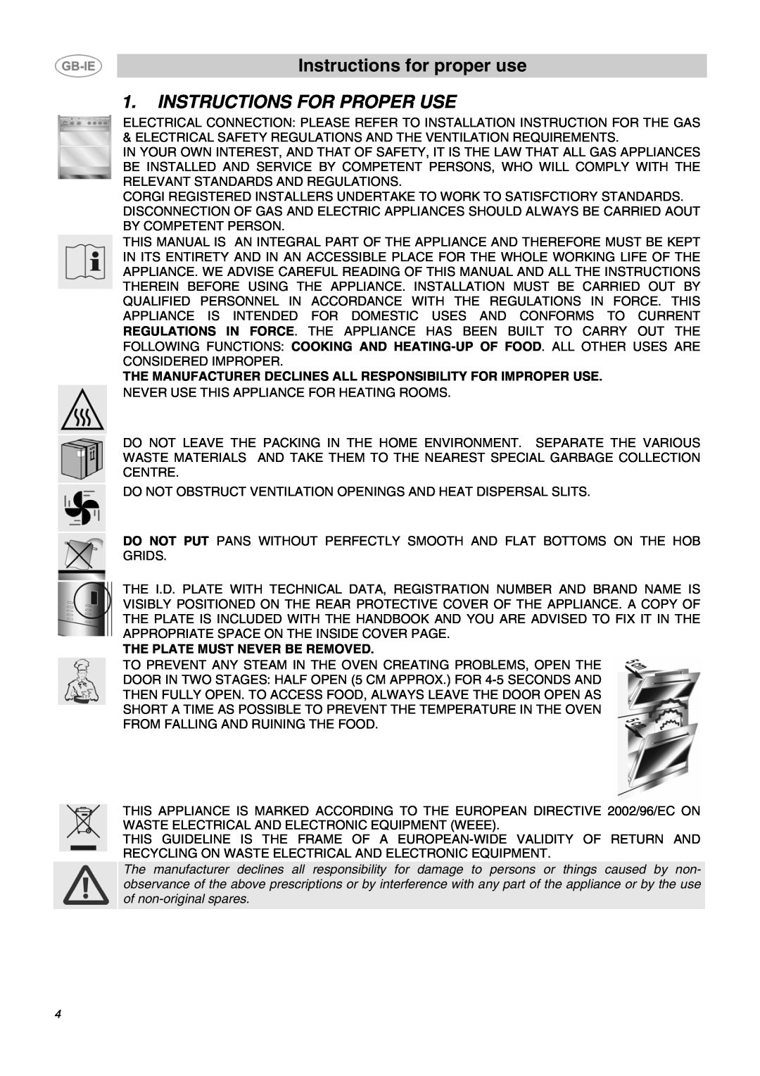Smeg B72MFX5 manual Instructions for proper use, Instructions For Proper Use 