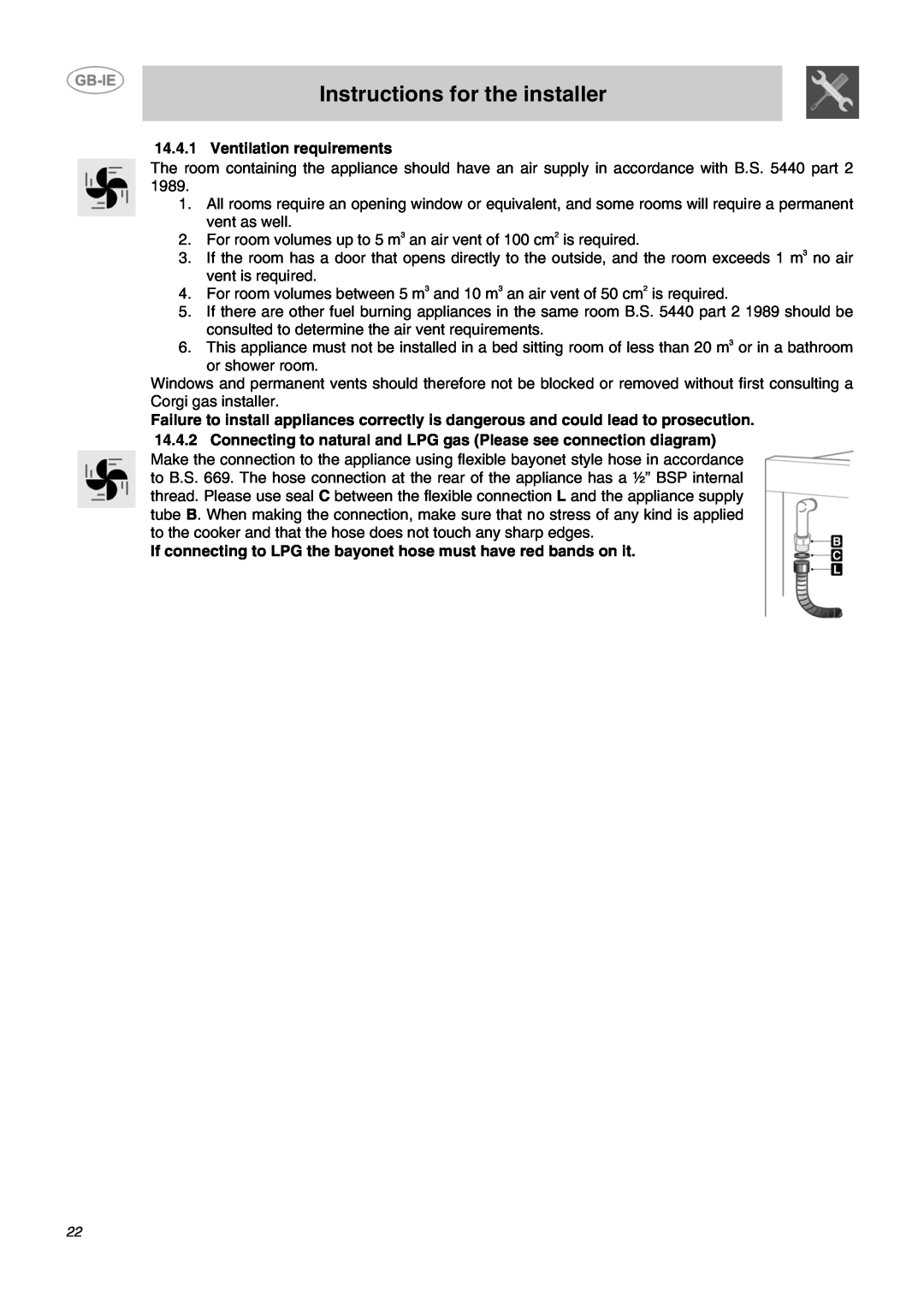Smeg B72MFX5 manual Instructions for the installer, Ventilation requirements 