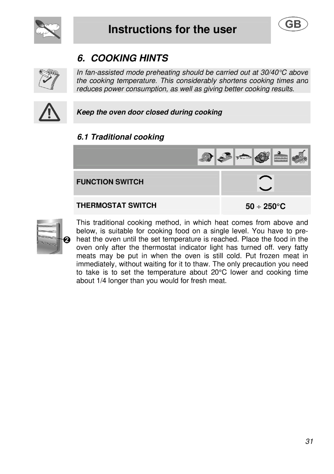 Smeg B988E manual Cooking Hints, Traditional cooking 