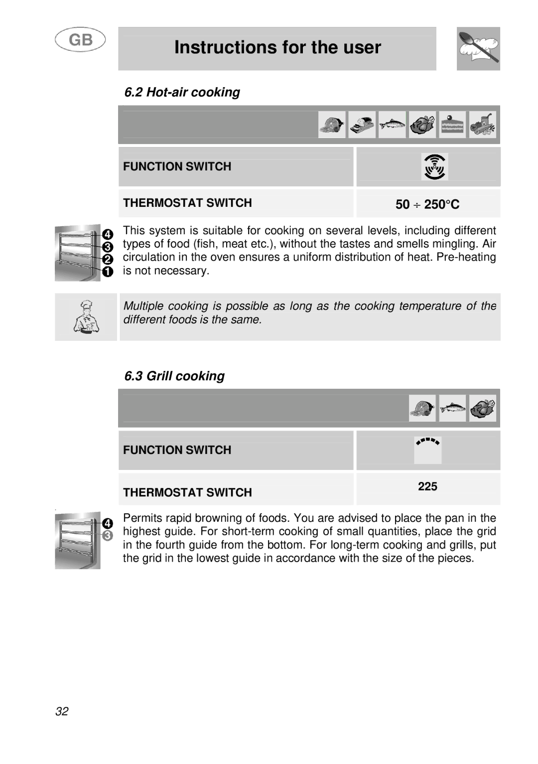 Smeg B988E manual Hot-air cooking, Grill cooking, 225 