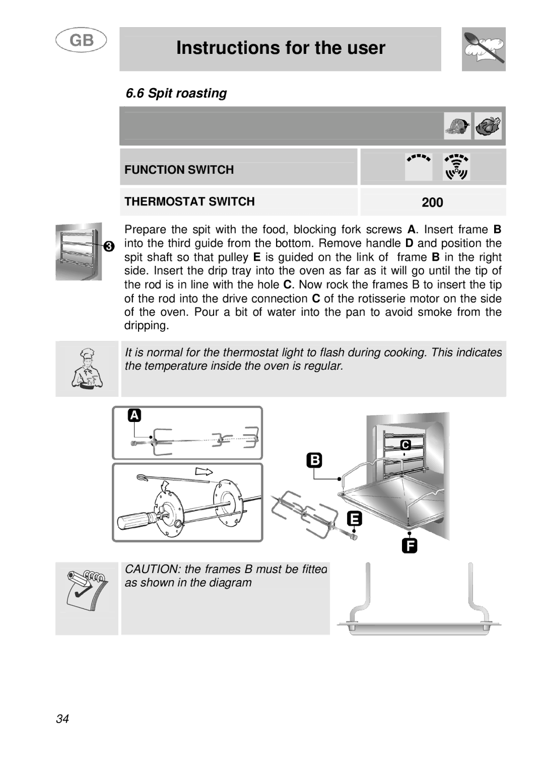 Smeg B988E manual Spit roasting, 200 