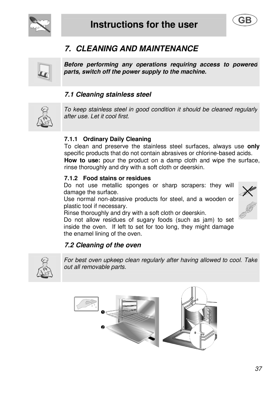 Smeg B988E manual Cleaning and Maintenance, Cleaning stainless steel, Cleaning of the oven, Ordinary Daily Cleaning 