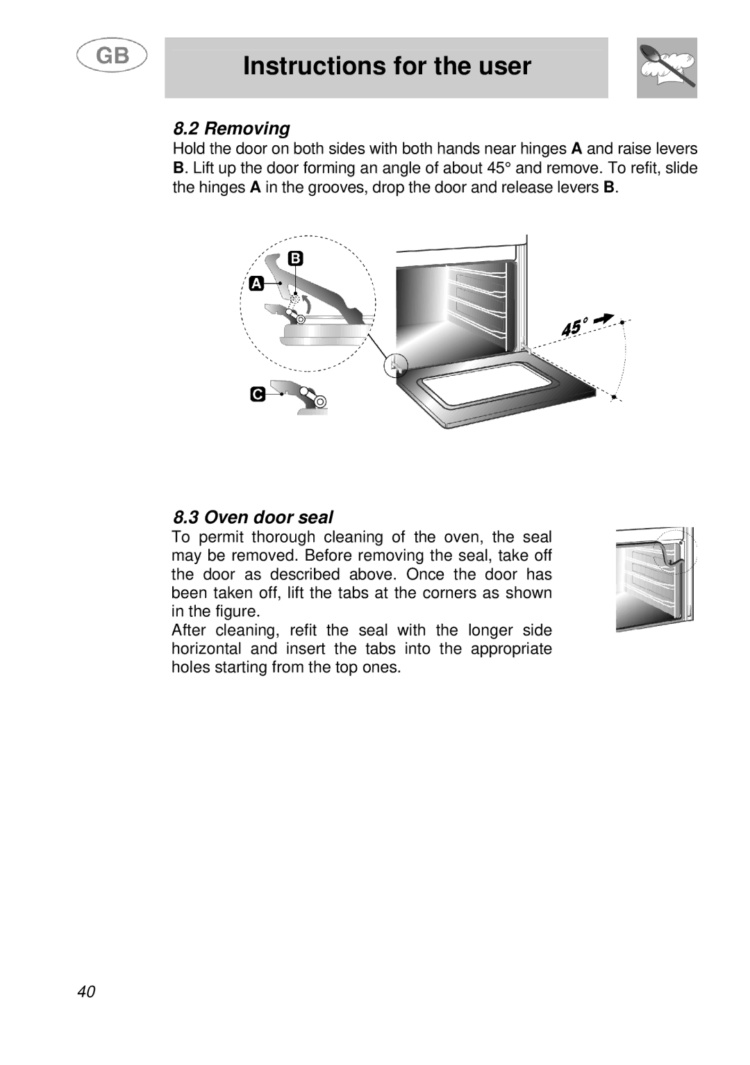 Smeg B988E manual Removing, Oven door seal 