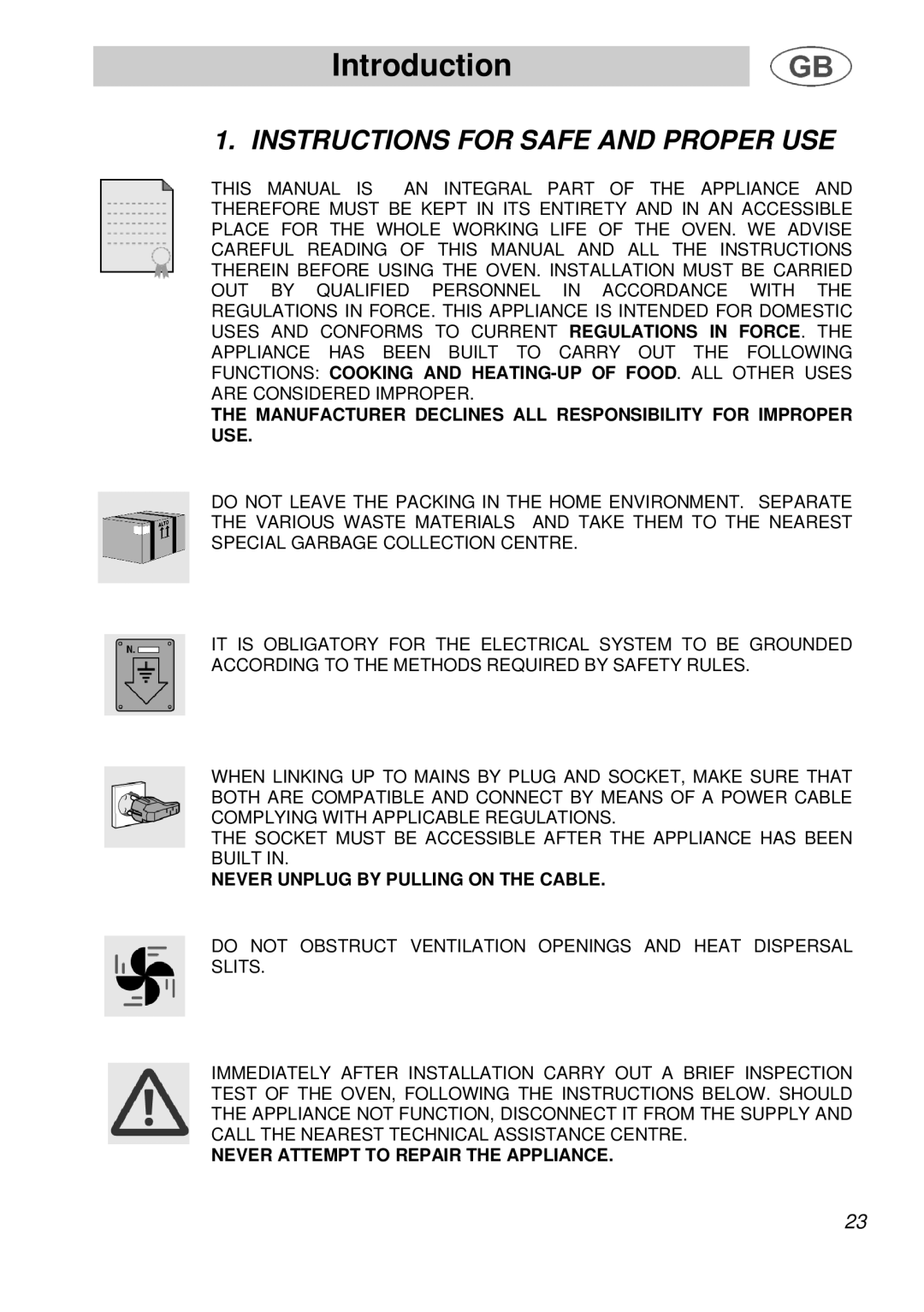 Smeg B988E manual Introduction, Instructions for Safe and Proper USE 