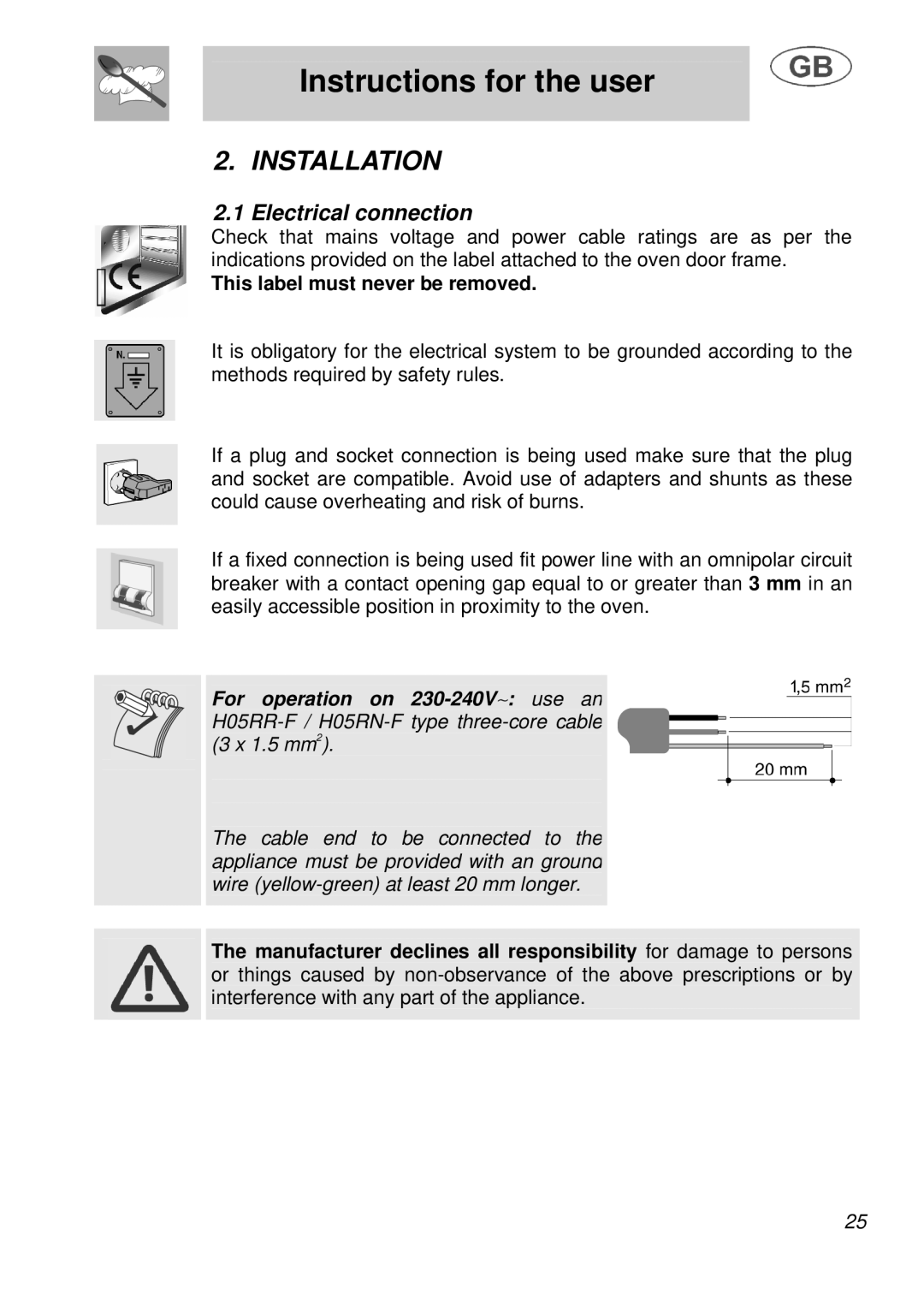 Smeg B988E manual Installation, Electrical connection, This label must never be removed 