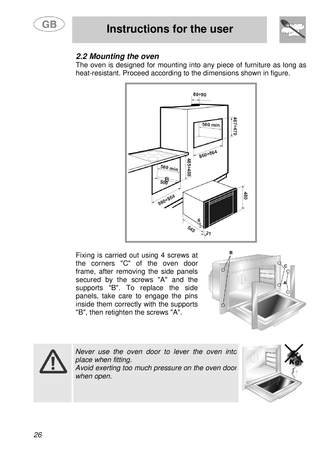 Smeg B988E manual Mounting the oven 