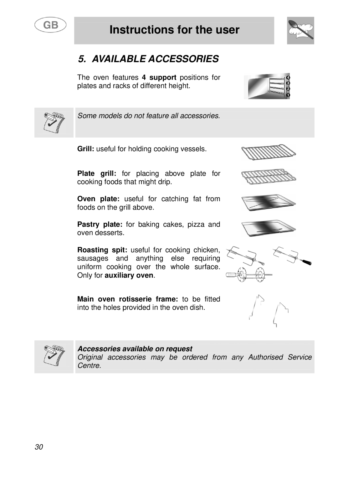 Smeg B988E manual Available Accessories, Some models do not feature all accessories 