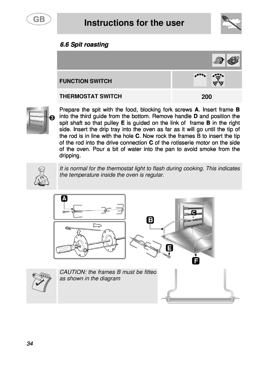 Smeg B988E manual Spit roasting, Instructions for the user, Function Switch, Thermostat Switch 