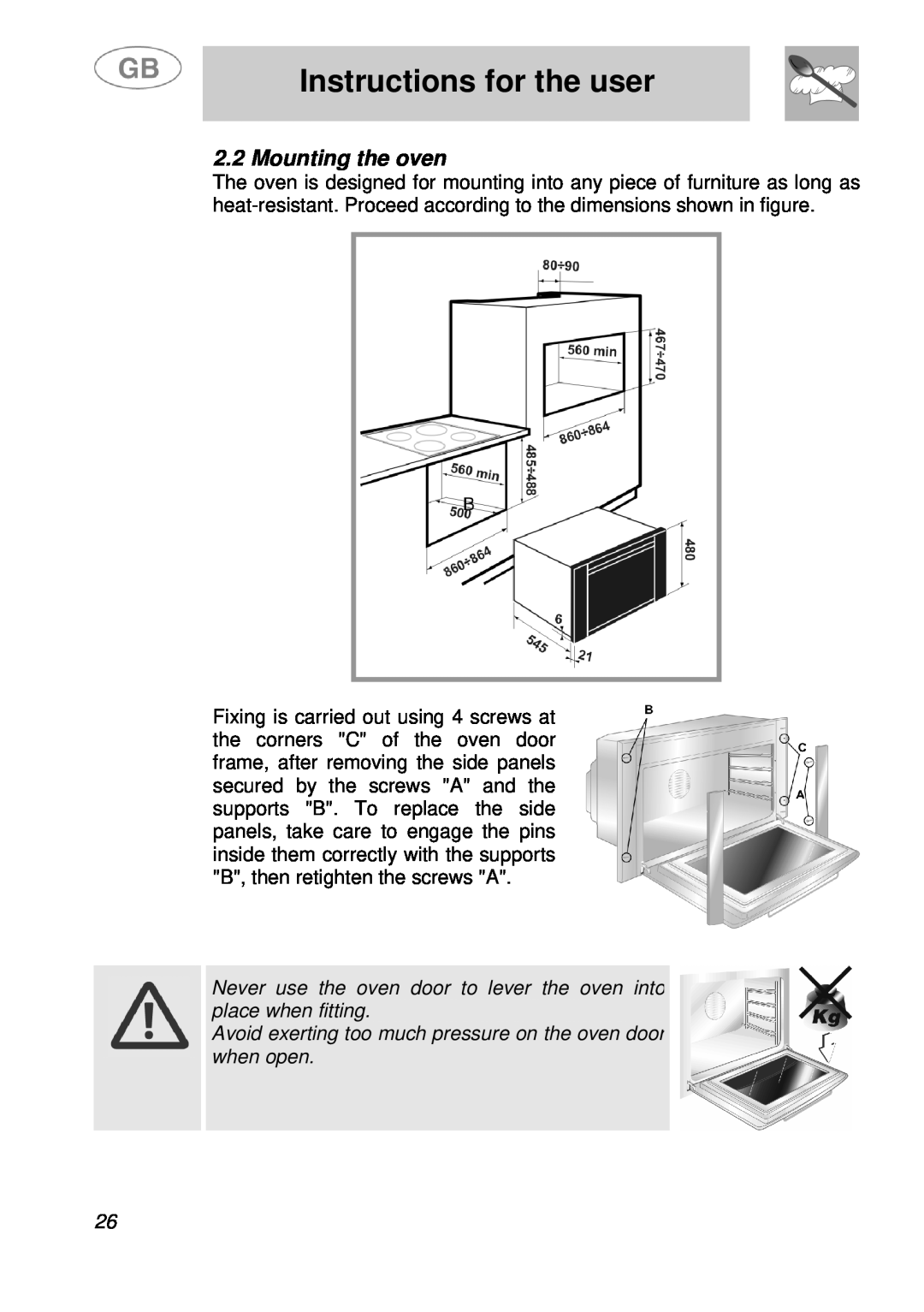 Smeg B988E manual Mounting the oven, Instructions for the user 