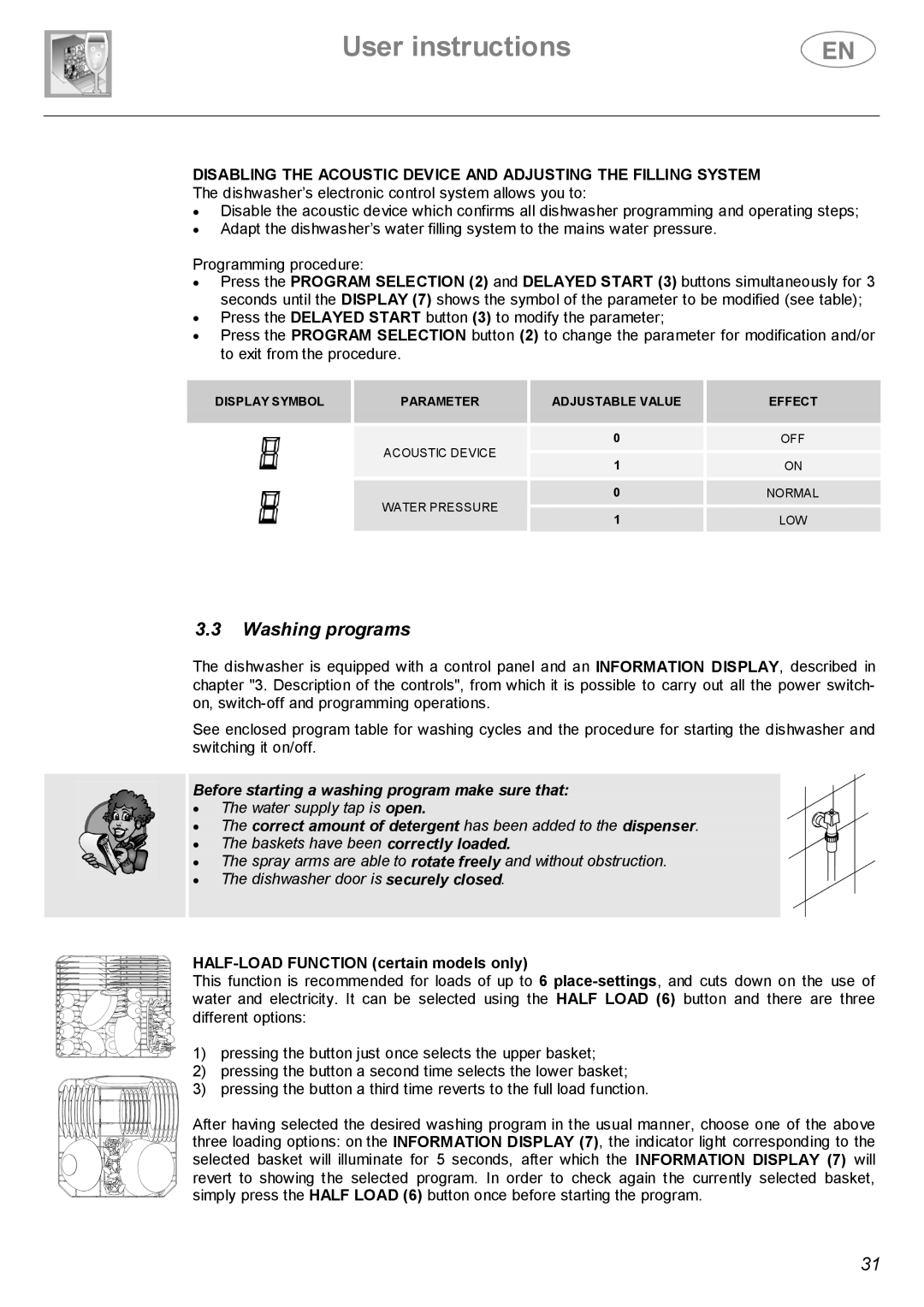 Smeg BL1S, BL2S instruction manual Washing programs, HALF-LOAD Function certain models only 